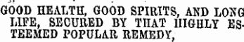 GOOD HEALTH, GOOD SPIRITS, AND LONG LIFE, SECURED BY THAT HIGHLY ESTEEMED POPULAR REMEDY,