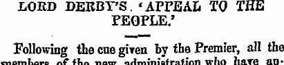 LORD DERBY'S. 'APPEAL TO THE PEOPLE.' Fo...