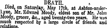 DEATH. Died, on Saturday, May 17th, at A...