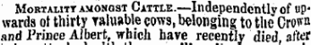 Mobtalitt amongst Cattle.—Independently of up* wards of thirty raluable cows, belonging to the * Croi vn and Prince Albert, which have recently died, alter