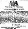 WEST RIDING OF YORKSHIRE. WAKEFIELD ADJOURNED SB5SI0S5. NOTICE IS HEREBY GIVES, That the Michaelmas General Quarter "" essions oftb2Peace, for the West-Hiding ofthe County of Tork, will beheld by adjournment in tte Committee-Room, at the Douse of Correction, at "Wakesieui, on Thursday, the ninth day of December next, at twelve o'clock at noon, for the purpose of inspecting the Ridin* Prison, (the said House of Correction* and for eiamioiDj the .* ccennts of tbe Keeper of the Said House of Correction, making Enquiry into the conduct of tbe Officers snd Servants belonging' to the same; and also into the behaviour of the Prisoners, and their Earnings, C. H. ELSLEY, Clerk ofthe Peace. Clerk of t' ae Peace's Office, 'Wakefield, 24th November, 1817.