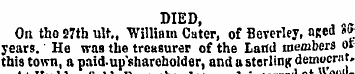 DIED, On tho 27th ult., William Cater, o...