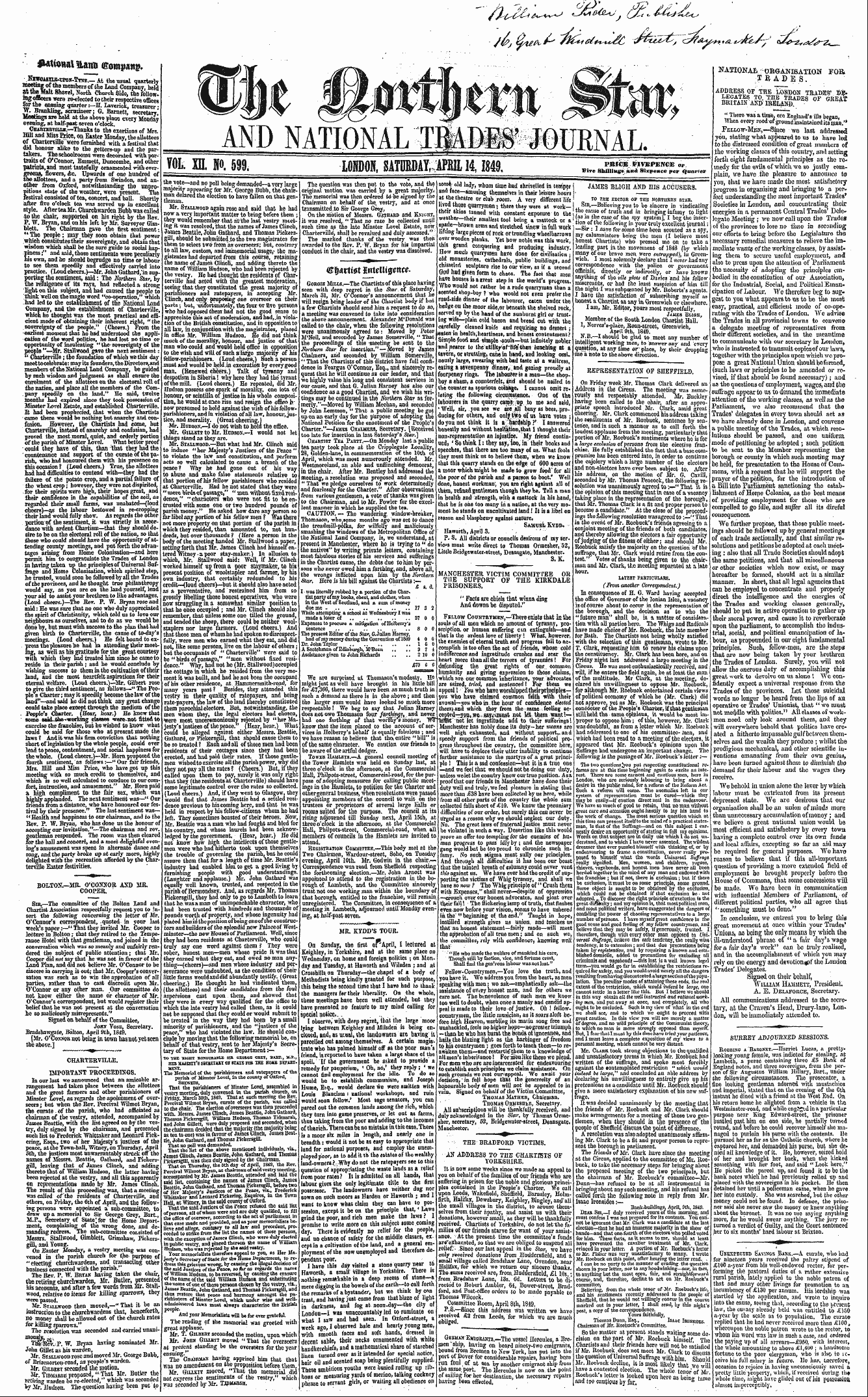 Northern Star (1837-1852): jS F Y, 3rd edition - _Y0l. Xh. P. 599, I0bd0h, Satdsda^Pbil 1...