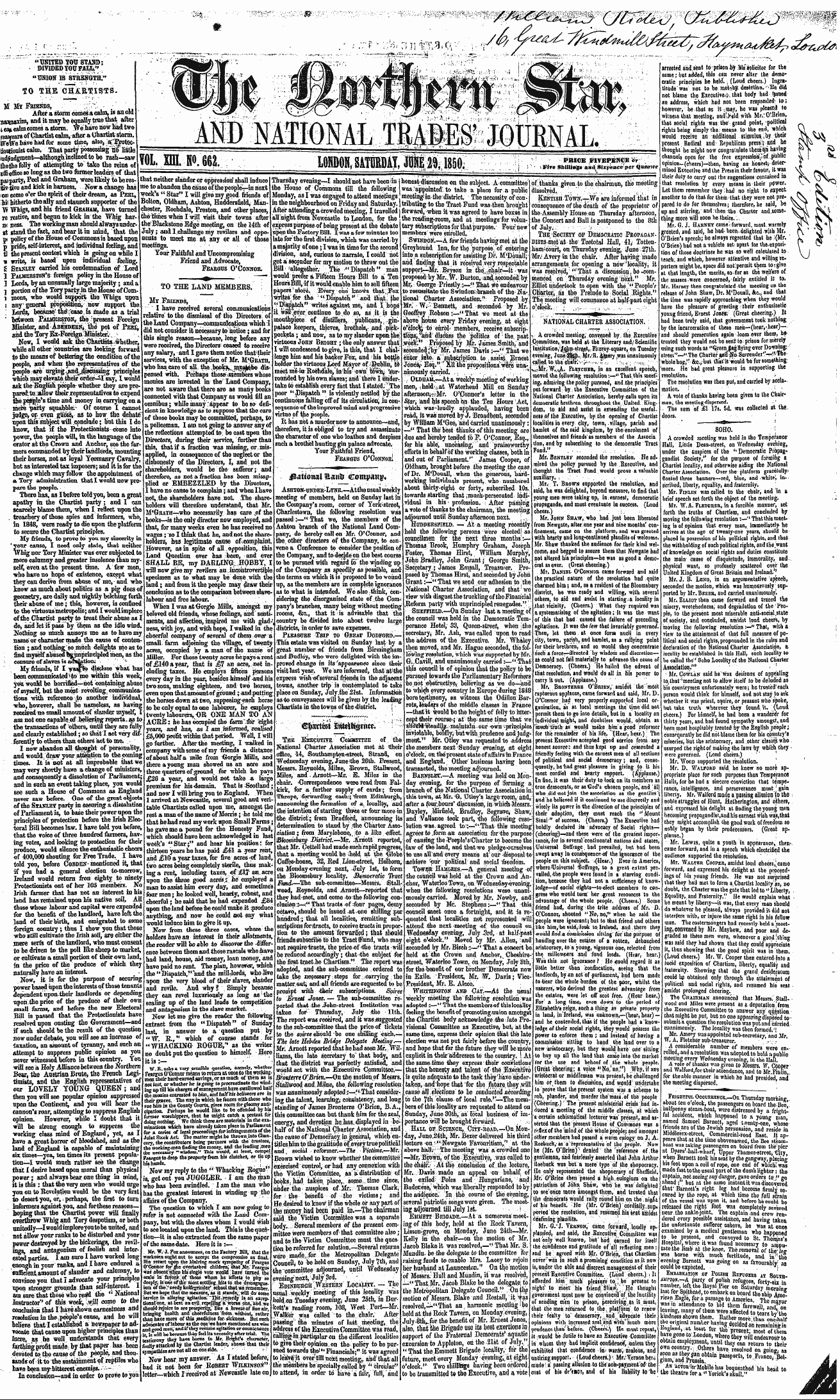 Northern Star (1837-1852): jS F Y, 3rd edition - "Usited You Stajw); Divided You Fall. '* "Tjkion Is Stbbkgth;