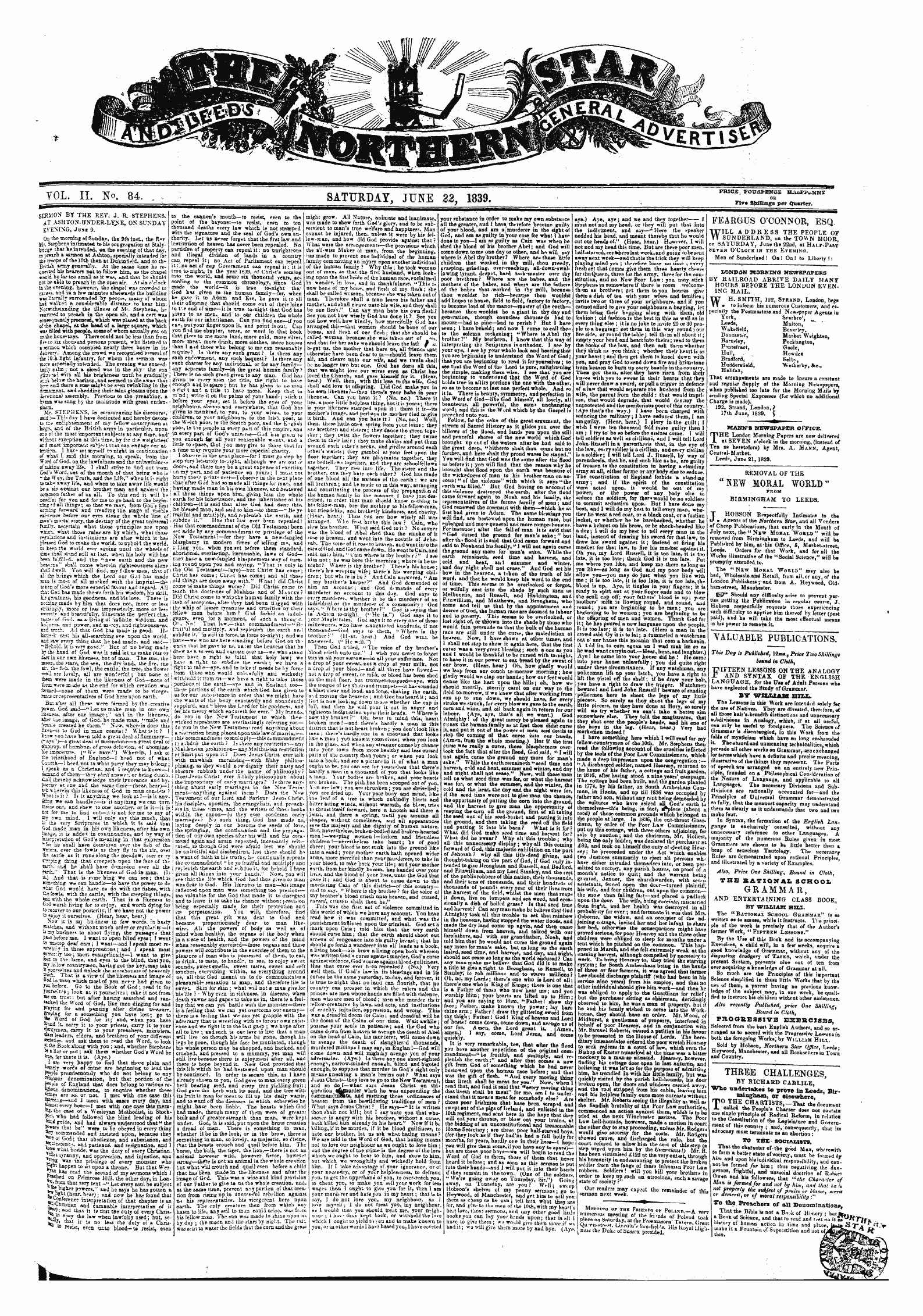 Northern Star (1837-1852): jS F Y, 1st edition - ——-^^—^—^—^— ^™ Serilos By The Rev. J. R. Stephens. At Ashton-Under-Lx&Gt;'E, On Sunday Evening, Jung 9. S__Viiu?* 13 I -Hi Rev . J. R. Stephens.