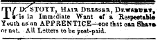 fT \r IX ^ STOTT , Hair Dresser , DeiT8BXJ»t , X ris in Immediate Want »f a Respectable Youth asaa APPRENTICE—one that can Shiv* orn&lt;»t. All Letters to be post-paid.