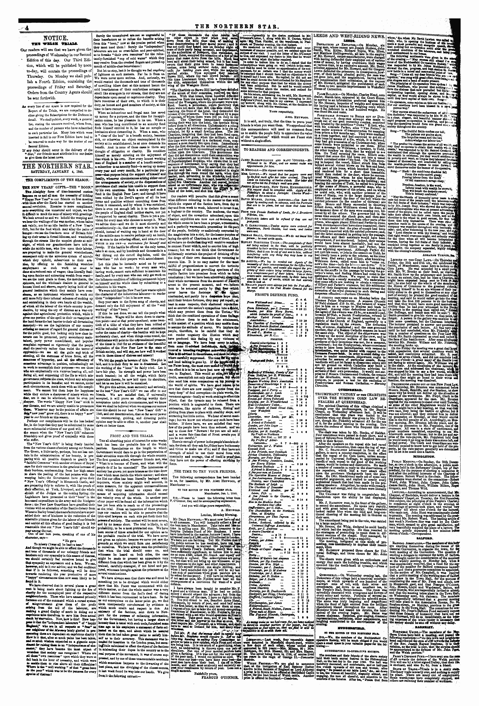 Northern Star (1837-1852): jS F Y, 1st edition - The Northern Star. Saturday, January 4, 1840.