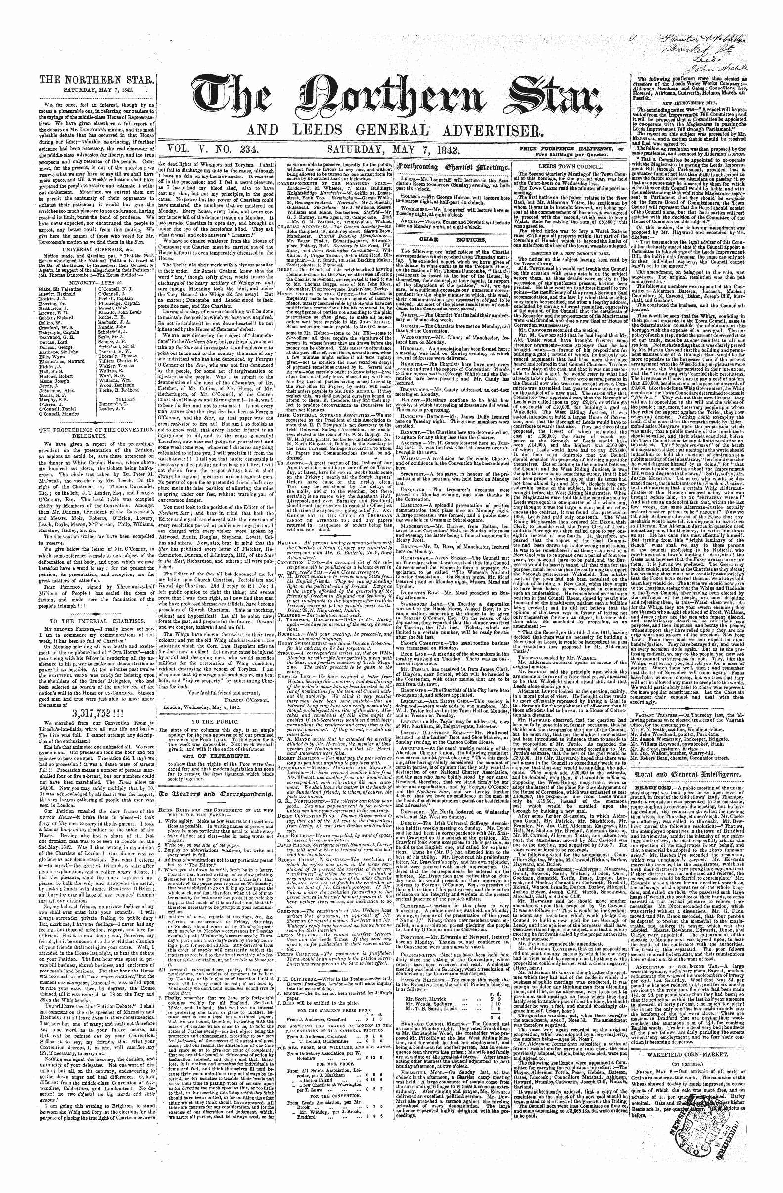 Northern Star (1837-1852): jS F Y, 1st edition - The Northern Star. Saturday, May 7, 1842.