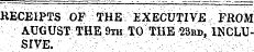 RECEIPTS OF THE EXECUTIVE FROM AUGUST THE 9th TO THE ^3rd, iKCLtJ-• SIVE. ' : : .: ¦ ¦ ¦ : : \-. ¦ ¦--¦ , ¦ ¦ :" , . :\--. Y ' . " ;. ,&gt;;U;;: