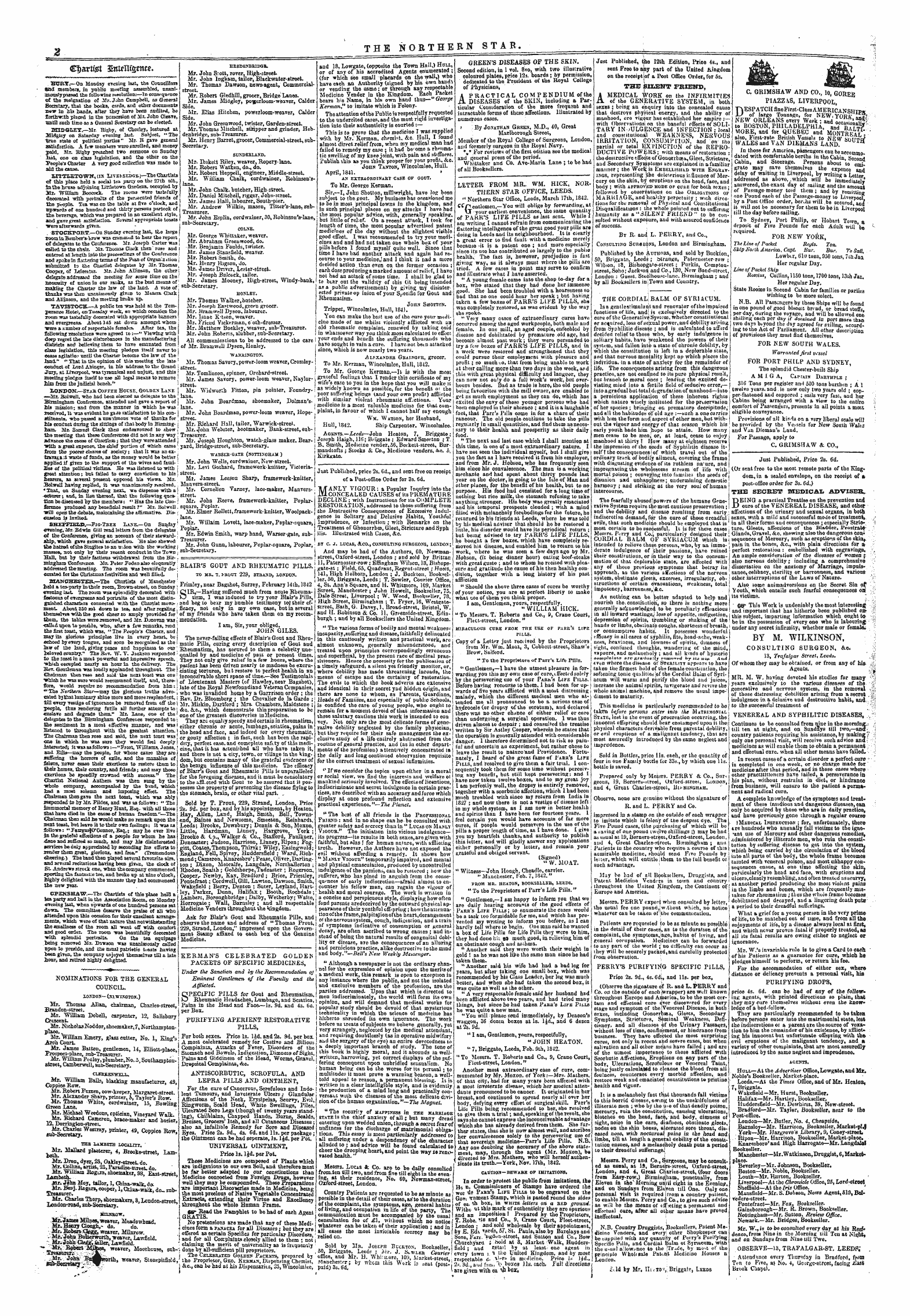 Northern Star (1837-1852): jS F Y, 1st edition - Blair's Gout Akd Rheumatic Pills.