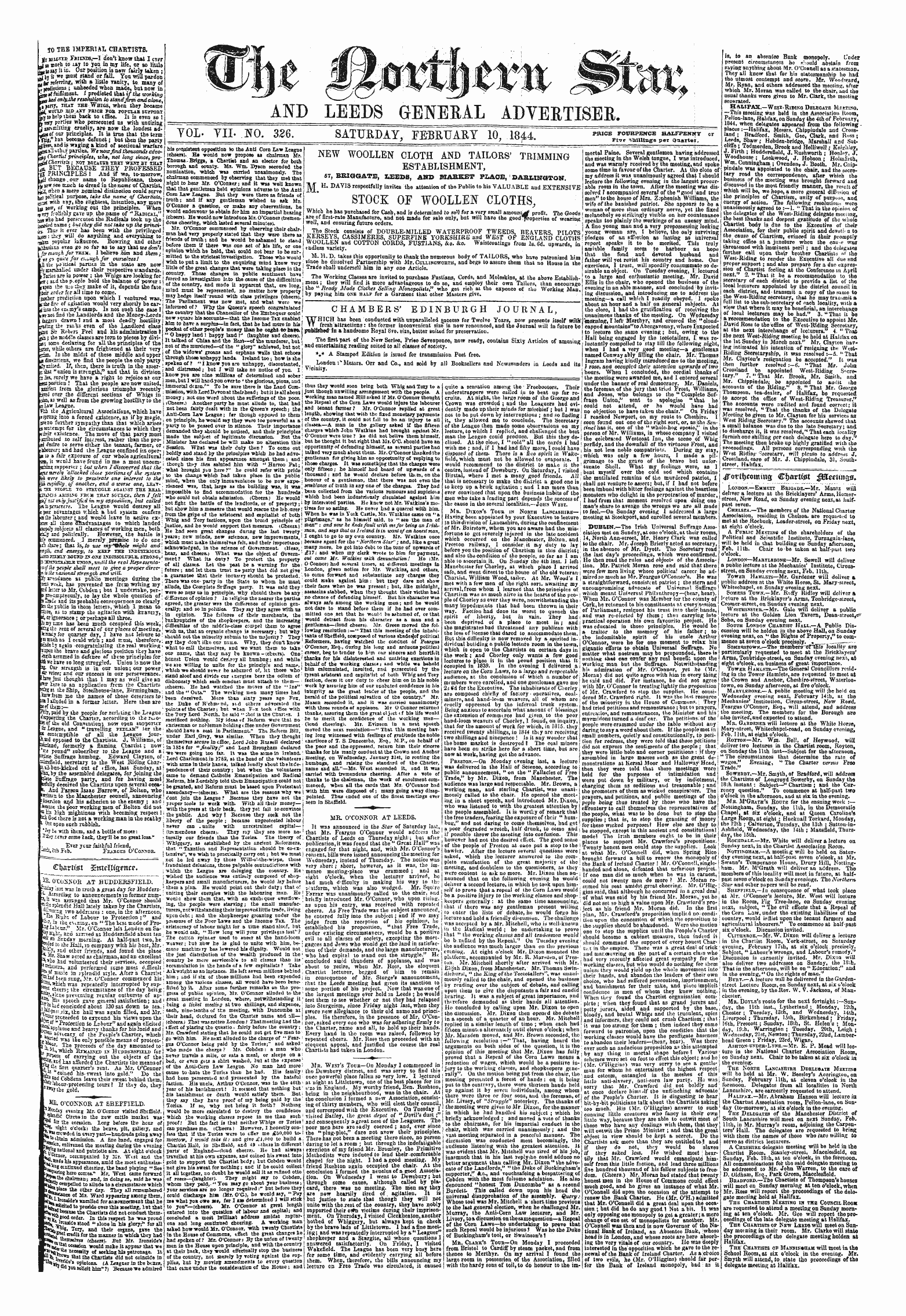 Northern Star (1837-1852): jS F Y, 1st edition - New Woollen Cloth And Tailors' Trimming Establishment, 57 , Briggate , Leeds, And Market Pz.Ace, ' Darlington.