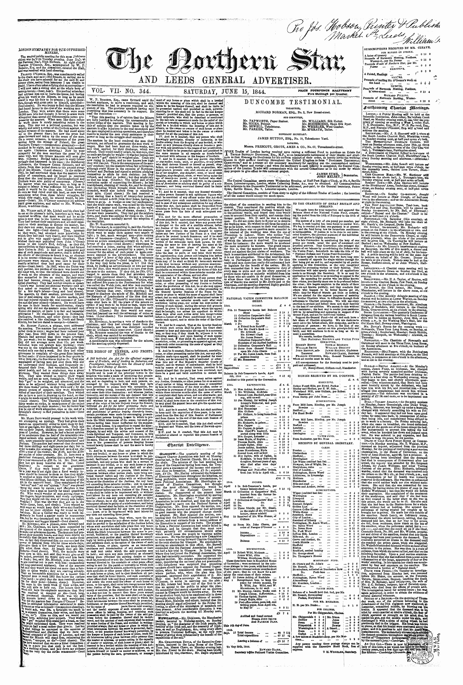 Northern Star (1837-1852): jS F Y, 1st edition - Dunc0mbe Testimonial. Treasdeeb, '. Richard Norman, Esq., No. 2, New Broad-Street.