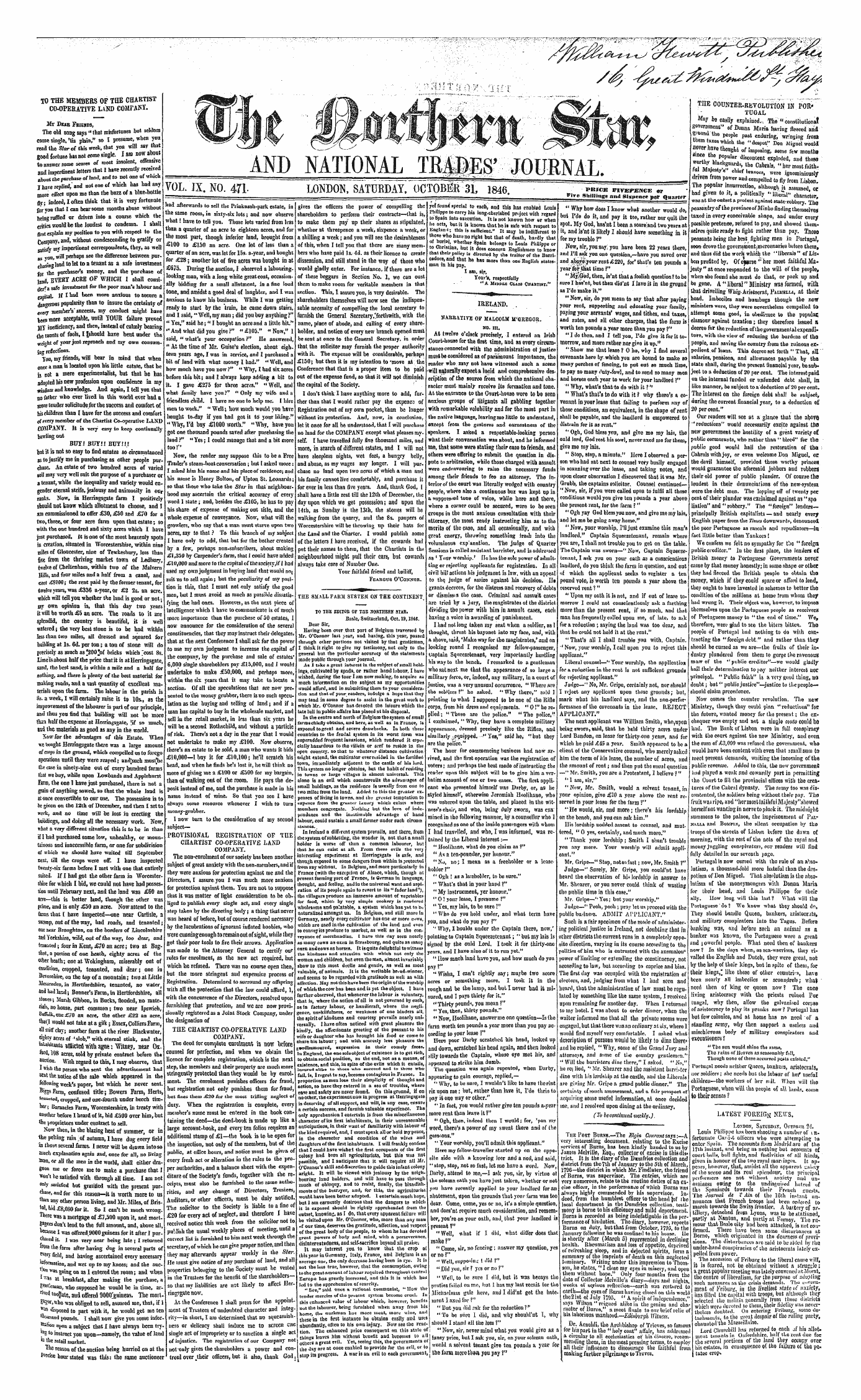 Northern Star (1837-1852): jS F Y, 1st edition - To The Members Of The Chartist Co-Operative Land Comfant.