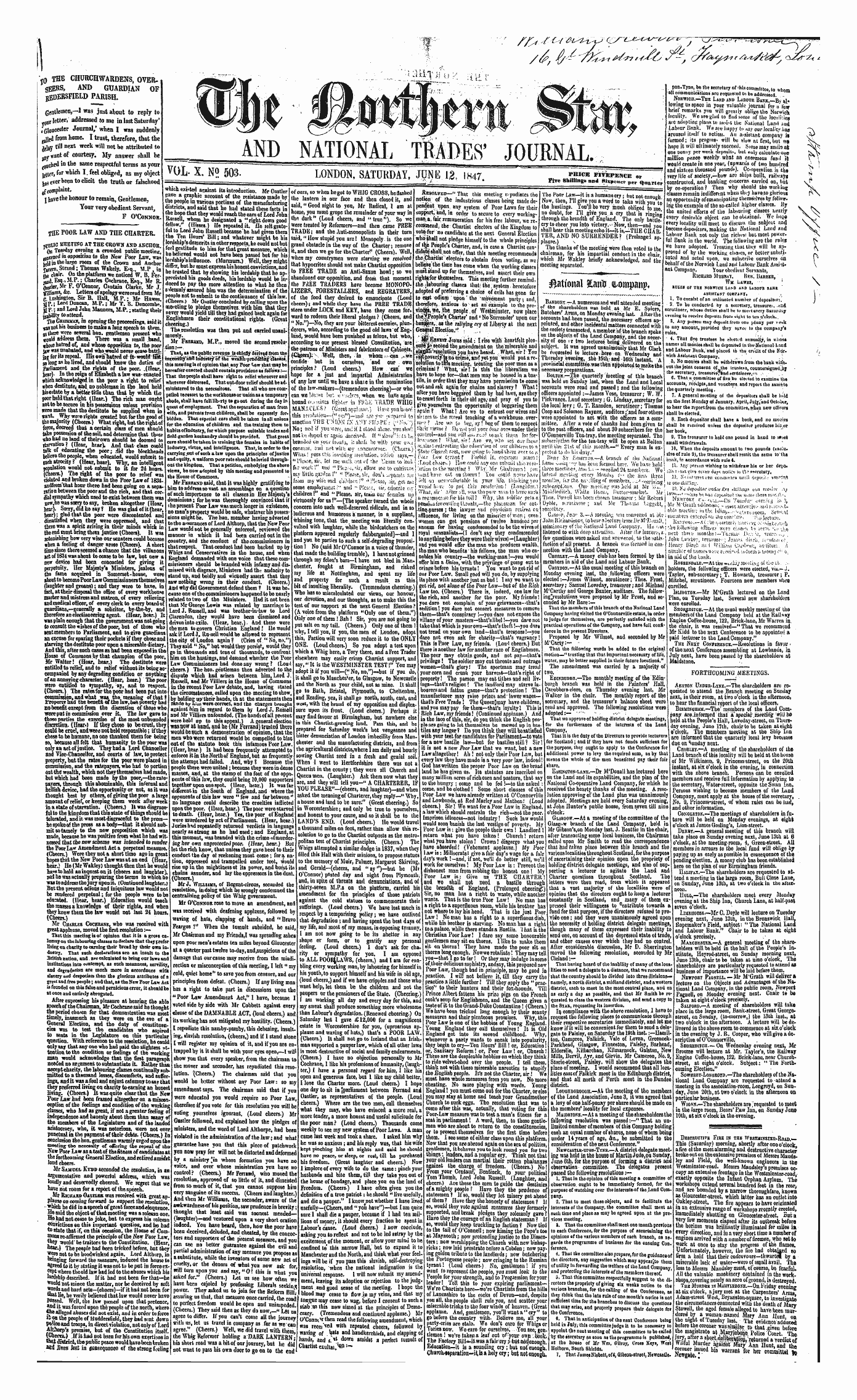 Northern Star (1837-1852): jS F Y, 1st edition - T0 The Churchwardens, Over. Geers, And Guardian Of Hedersfield Parish.