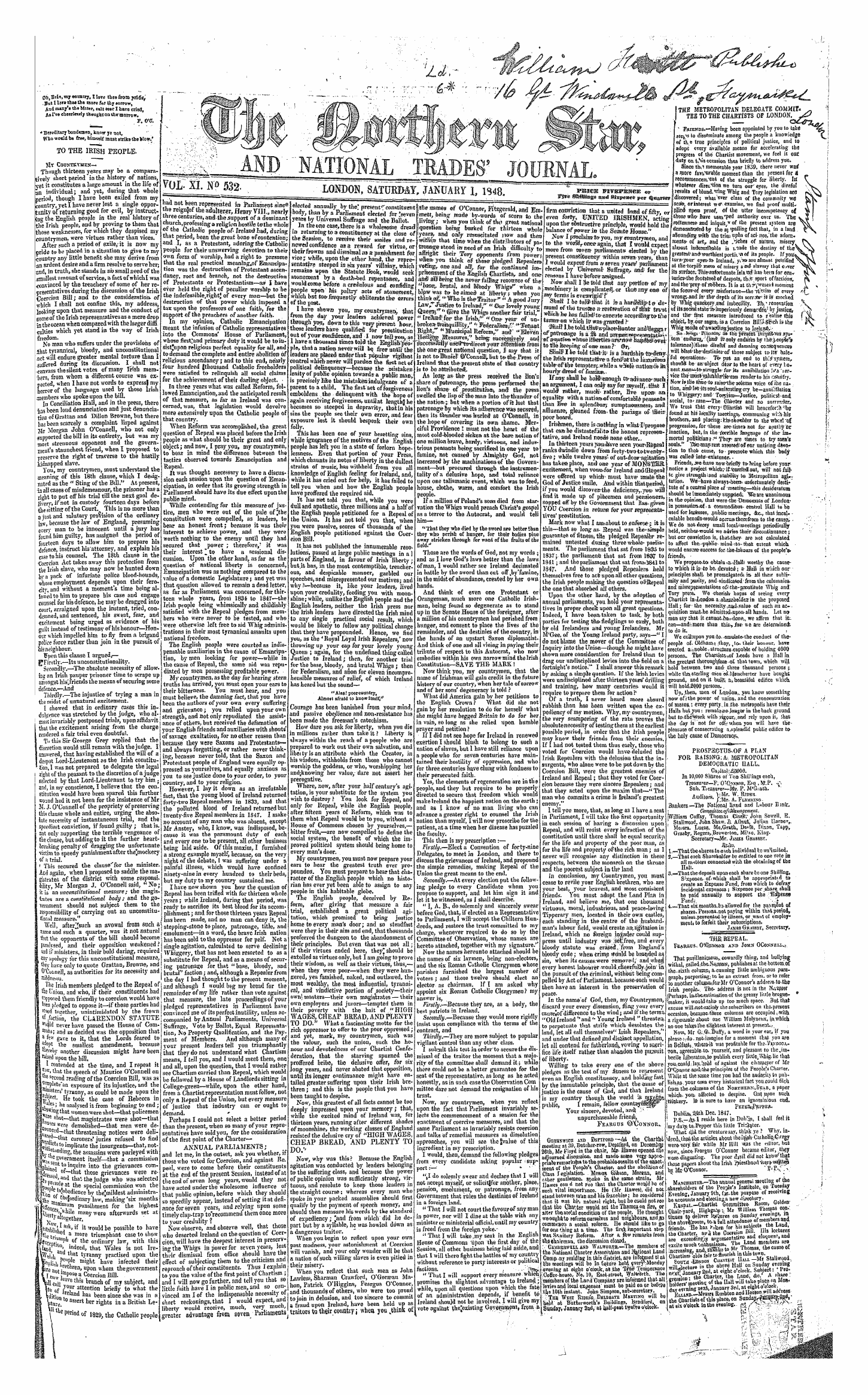 Northern Star (1837-1852): jS F Y, 1st edition - To The Irish People.