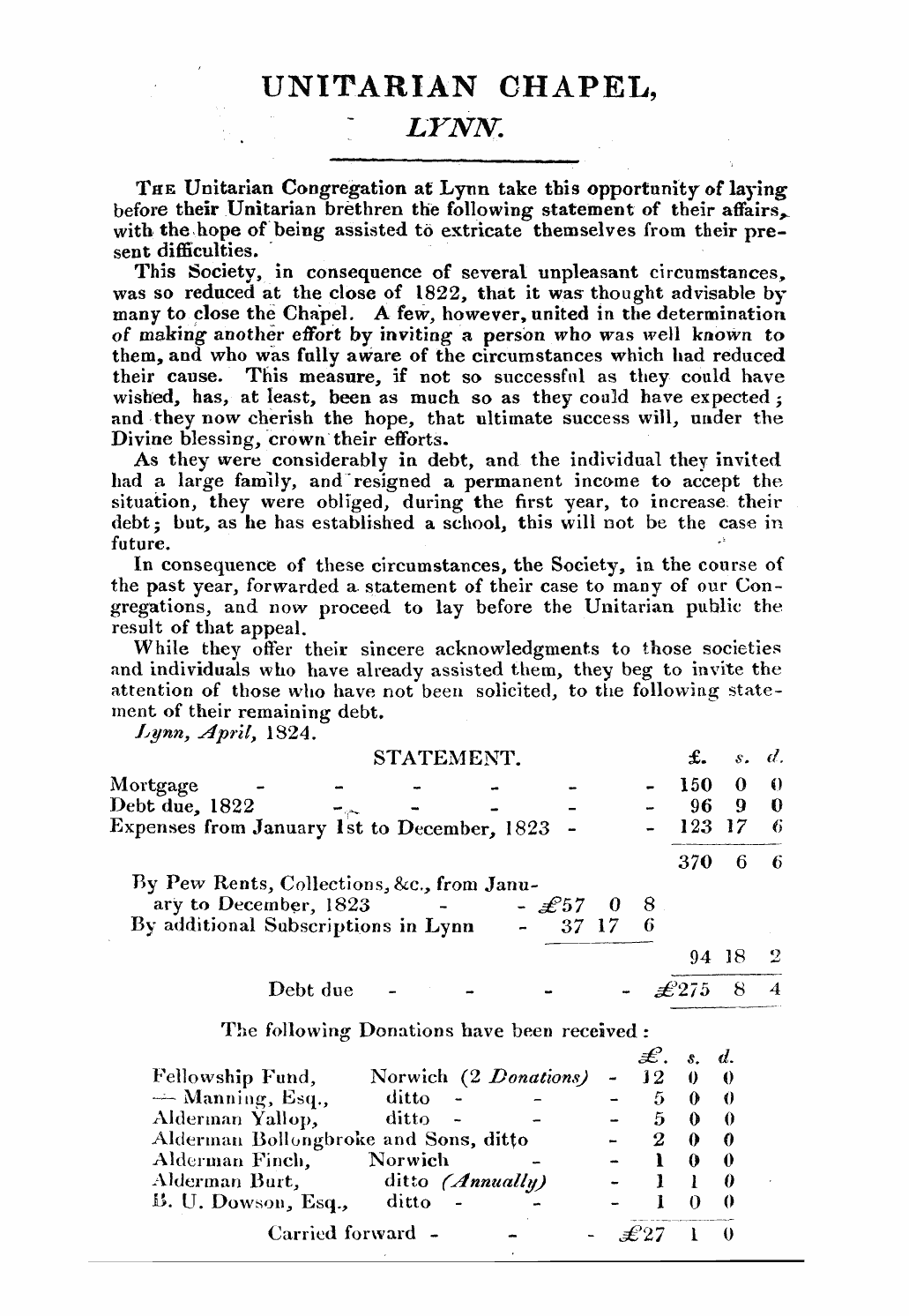 Monthly Repository (1806-1838) and Unitarian Chronicle (1832-1833): F Y, 1st edition, Supplement - Unitarian Chapel Lynn.