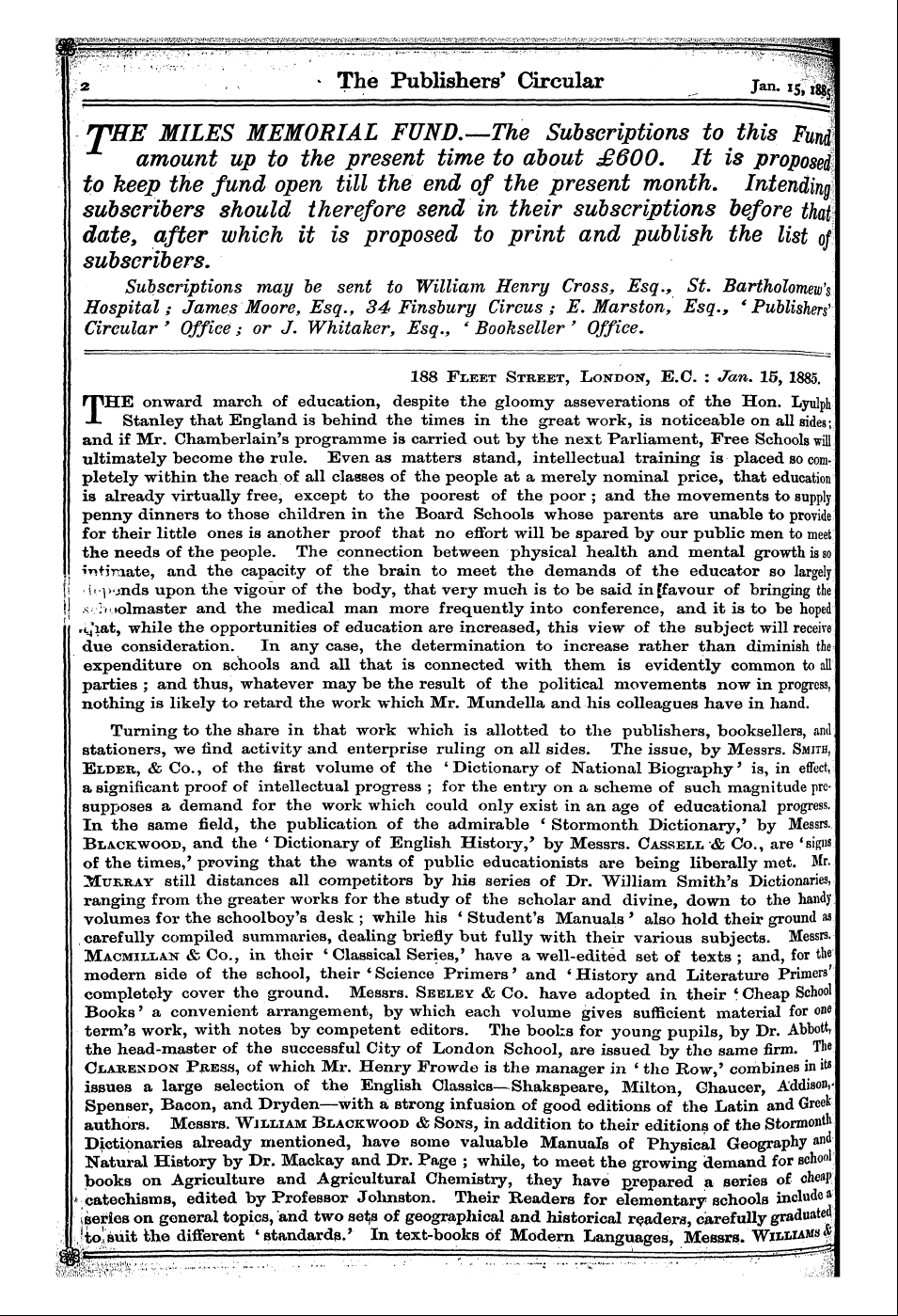 Publishers’ Circular (1880-1890): jS F Y, 1st edition - The Miles Memorial Fund.—The Subscriptio...