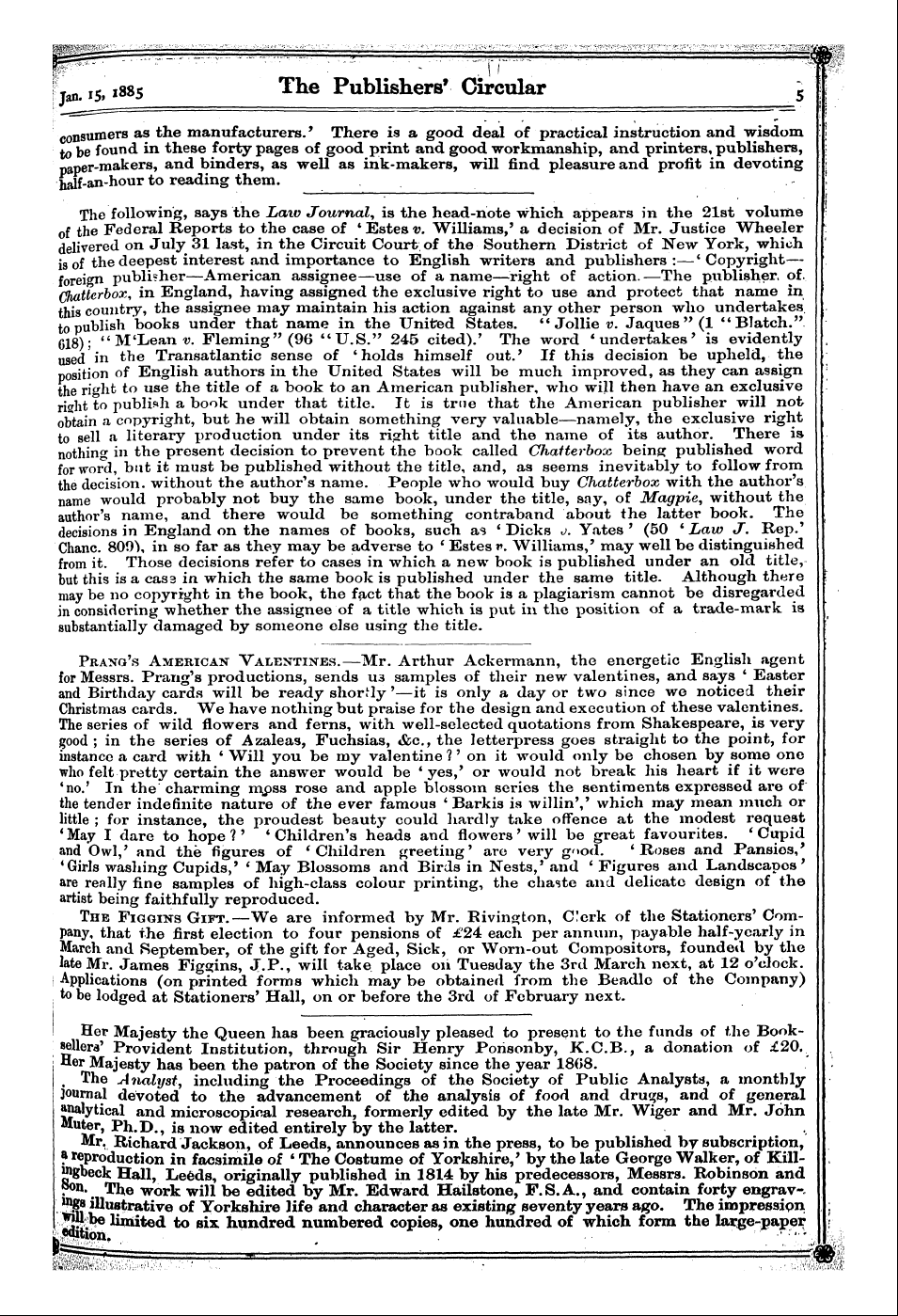 Publishers’ Circular (1880-1890): jS F Y, 1st edition - For Prang Messrs ' . S Prang American 'S...