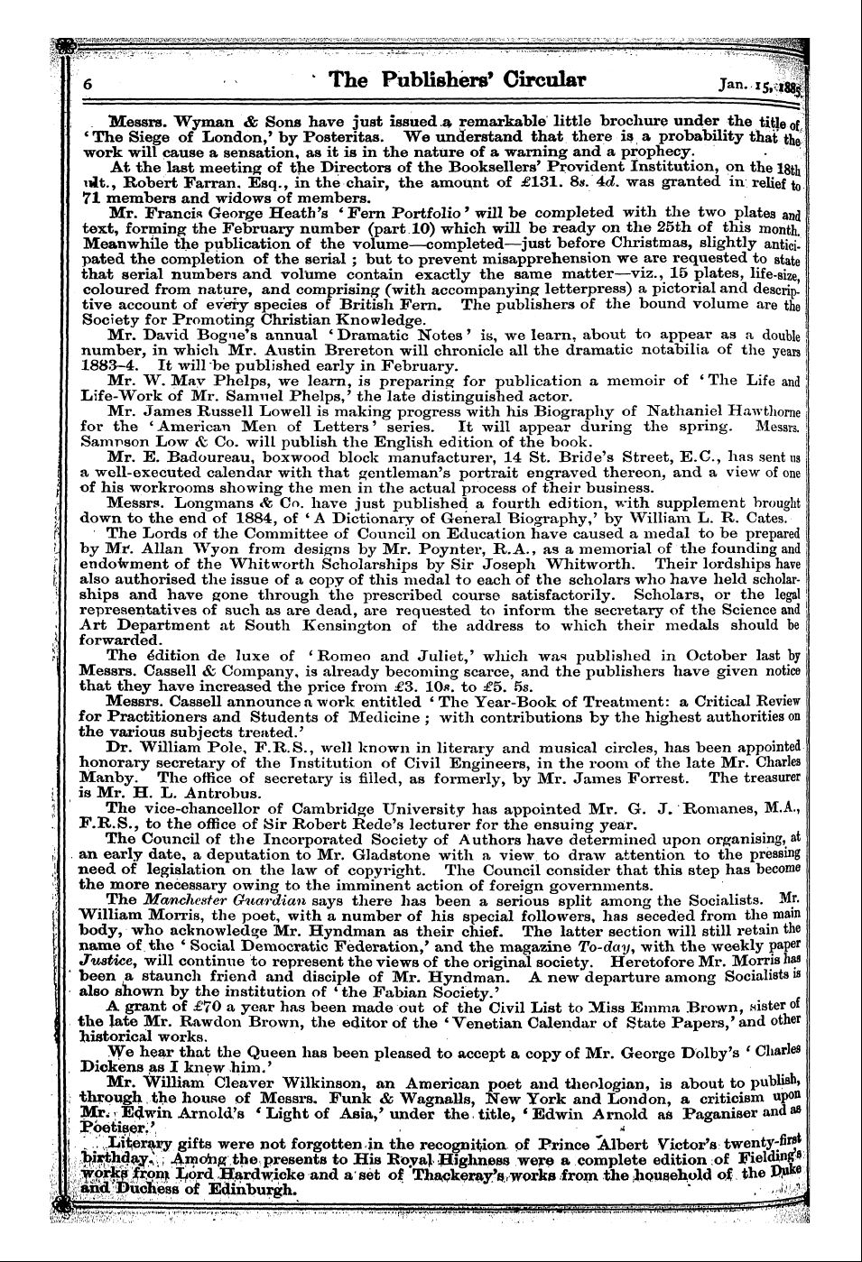 Publishers’ Circular (1880-1890): jS F Y, 1st edition: 6