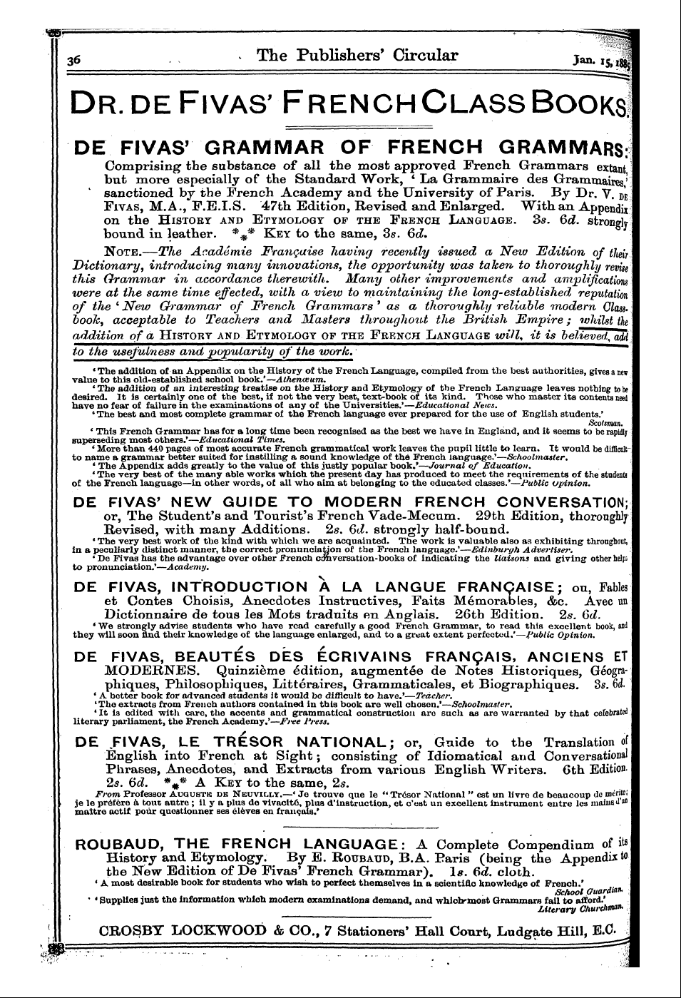 Publishers’ Circular (1880-1890): jS F Y, 1st edition - Ad03601