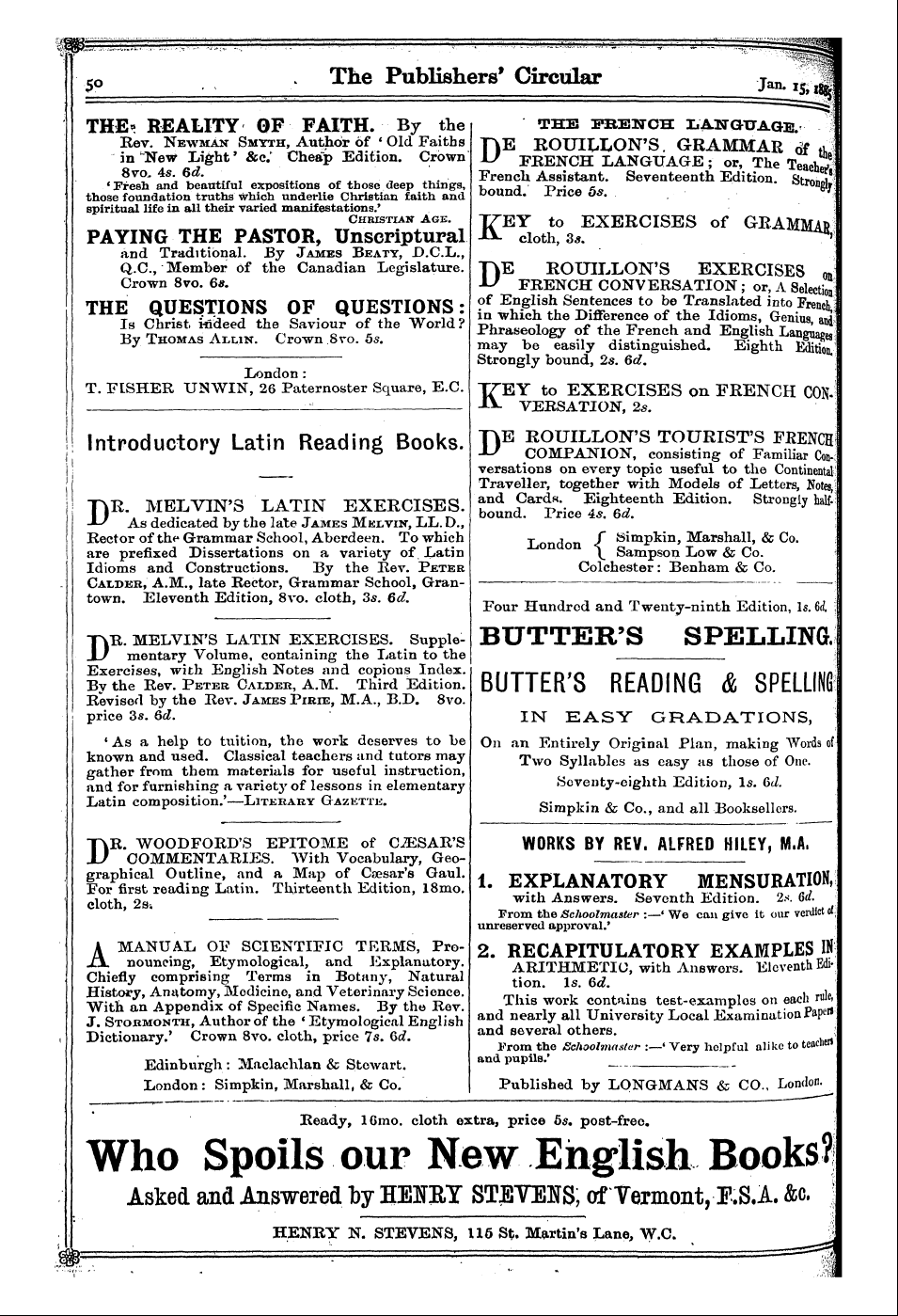 Publishers’ Circular (1880-1890): jS F Y, 1st edition - Ad05001
