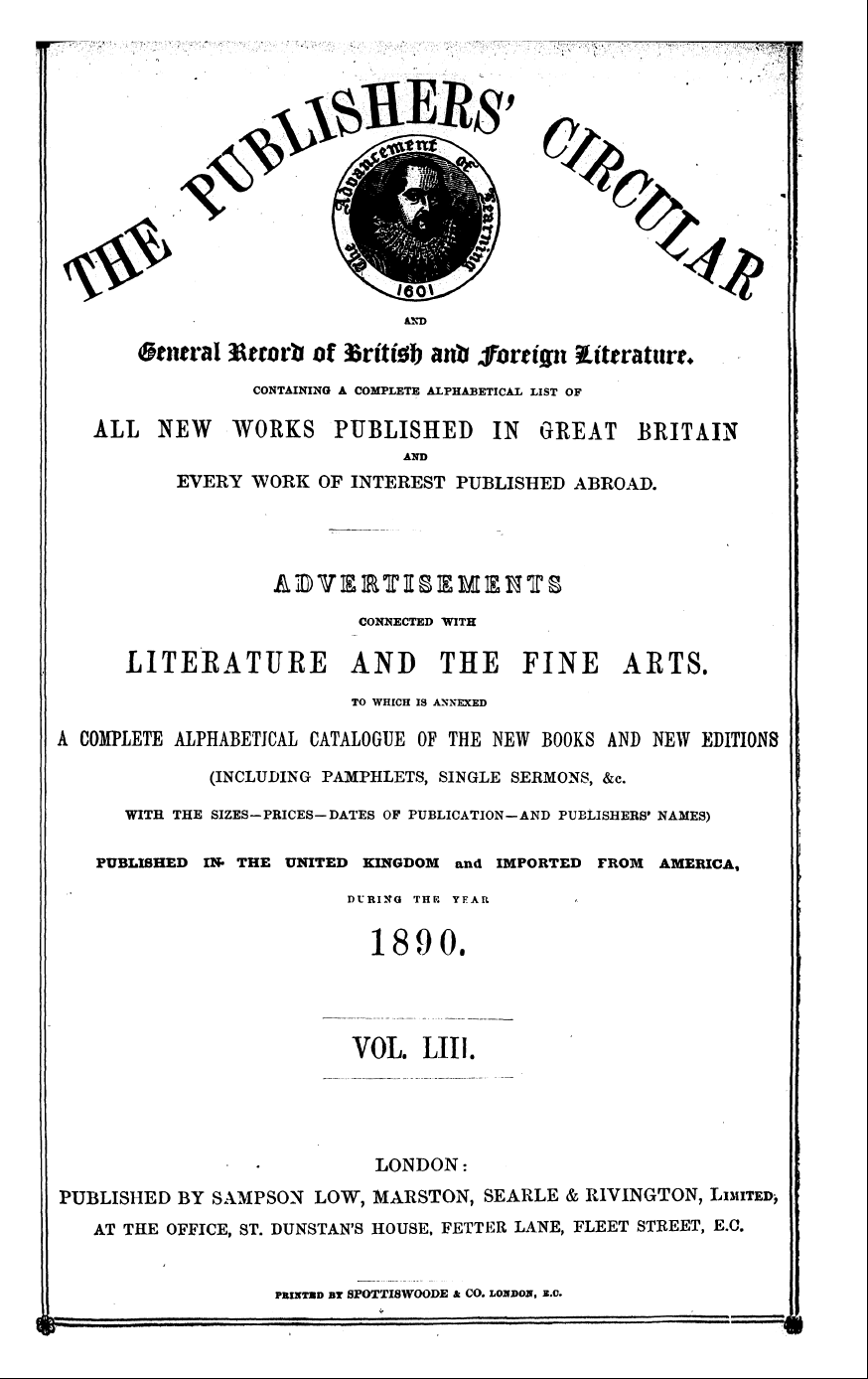 Publishers’ Circular (1880-1890): jS F Y, 1st edition, Front matter: 1
